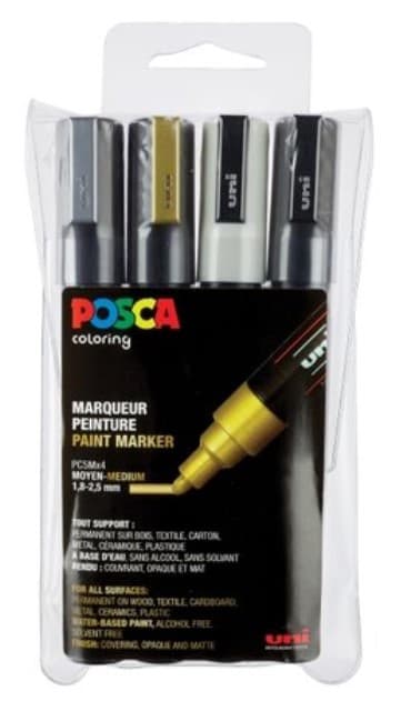Posca Marker Set 4-p Svart Hvitt Gull Sølv PC-5M Spiss 1,8-2,5 mm