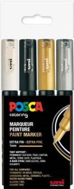 Posca Marker Set 4-p Svart Vitt Guld Silver PC-1MR Spets 0,7mm