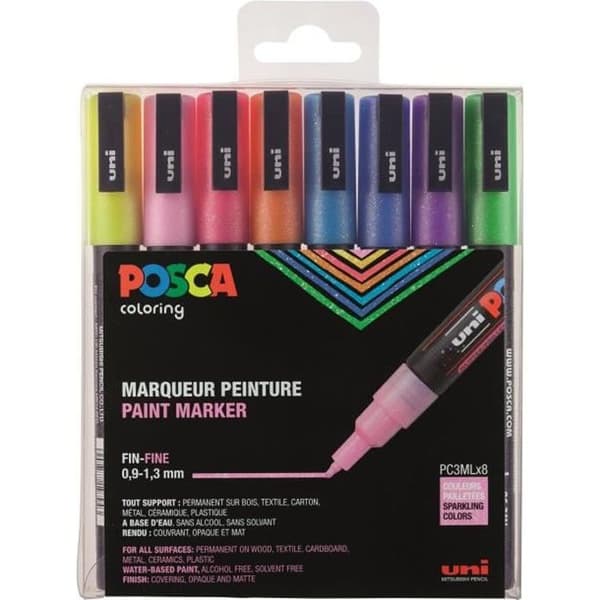 Set med 8 st PC3ML finkoniska glittriga plastmarkörer