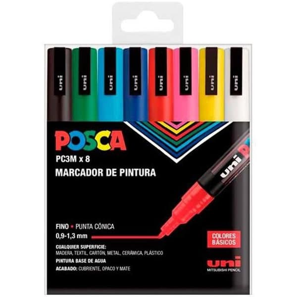 Uniball markör posca pc-3m/8c icke-permanent fin spets 0,9 mm-1,3 mm blandade färger basic -fodral 8u-.