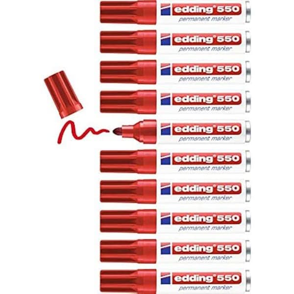 edding 550 Permanent markör - röd - 10 pennor - rund spets 3-4 mm - torkar snabbt, står emot vatten och friktion - för