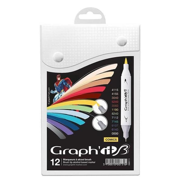 Set med Markör - Graph'it - Brush Comics - 12 Färger - Brush och Extra Fin Spets - Oupphörlig