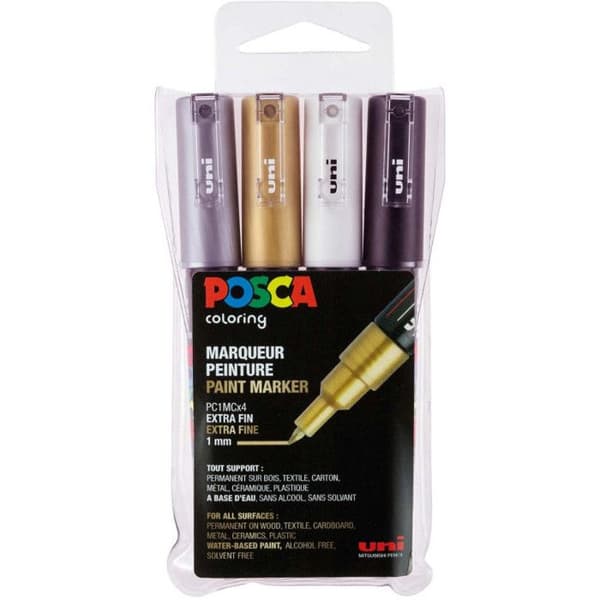 Set med 4 markörer - POSCA - PC1MC - Outplånlig - Extra fin konisk spets - Svart, Vit, Silver, Guld