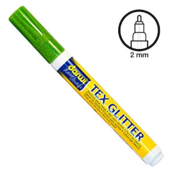 Tygfärgsäkerhetspenna - DARWI - Ljusgrön med glitter - Oföränderlig - Fin spets 2 mm - Opaque