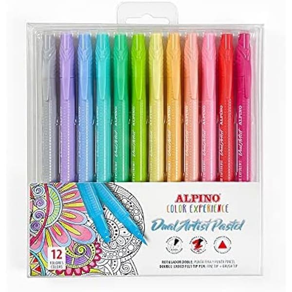 Markörer - ALPINO - Dual Artist - 12 pastellfärger - Fin spets och pensel - Ergonomisk