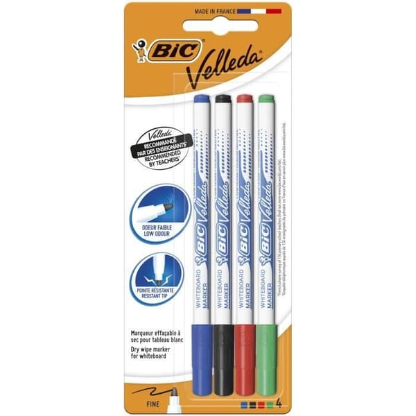 BIC Velleda 1721 Dry Erase Whiteboard Markers Fine Bullet Tip - Diverse färger, Blisterpack om 4