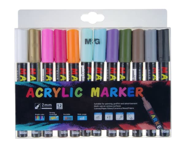 Akrylmarkører 1-2 mm sæt med 12 M&G