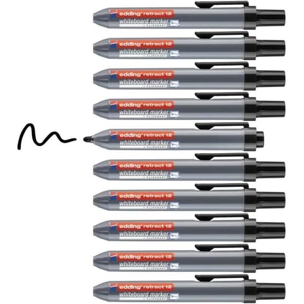 Set om 10 retraktabla whiteboard-markörer 12 Svart Rund spets 1,5-3 mm