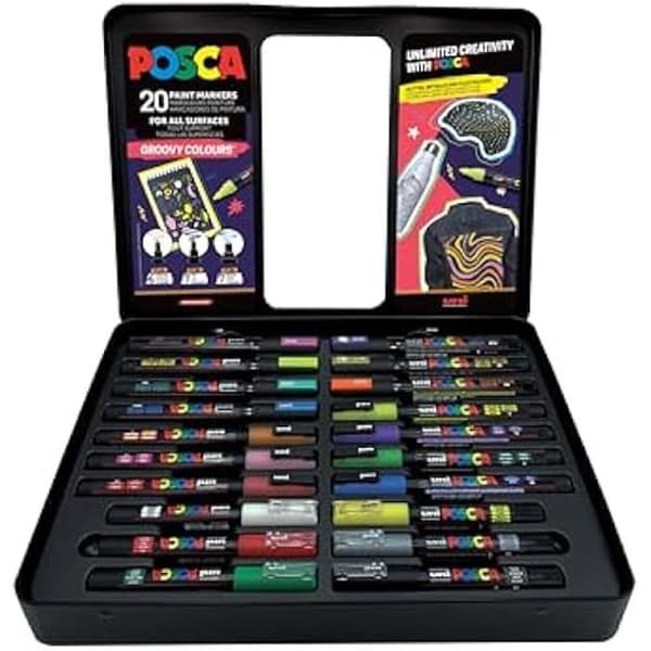 Markörer - UNI-BALL - POSCA - Set med 20 akrylfärgpennor - Grooviga färger - Spets PWE5M 1,8-2,5 mm