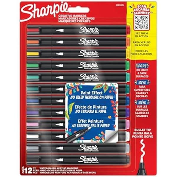 Kreativa marker - SHARPIE - 12 pennor - Spets av kon - Vattenbaserat bläck - Assorterande färger