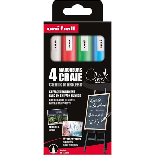 Universell flytande krita markerare Uni-Ball Chalk med medelspets 1,8 till 2,5 mm - paket med 4 assorterade klassiska färger - assorterade