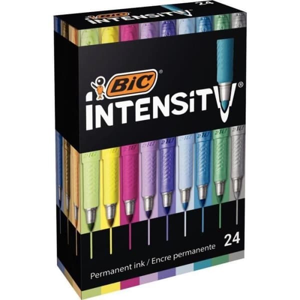 Box med 24 olika BIC Intensity Colors-markörer