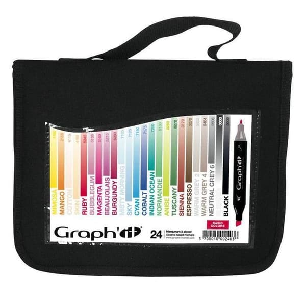Alkoholmarkörer - GRAPH'IT - Kit med 24 - 2 japanska tips - Grundfärger - Outplånliga