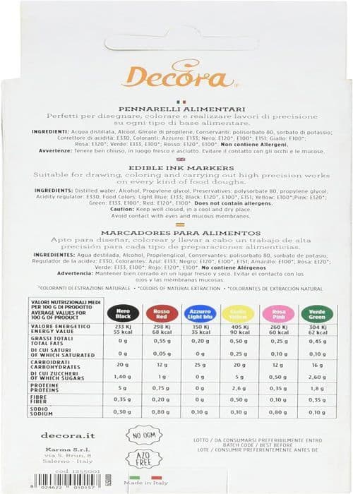 Decora - 1255001 - Paket med 6 matmarkörer, olika färger, perfekt för att rita på kakor, kex och sockrade mandlar