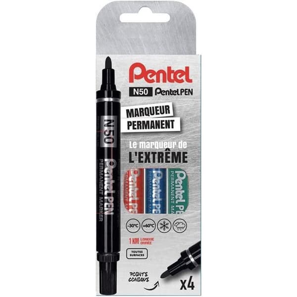 Permanenta markörer - Pentel - N50 - Förpackning med 4 - Konisk spets - Svart/Blå/Röd/Grön