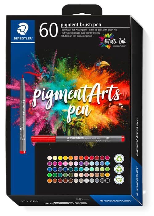 Staedtler - 371 C60 - pigmentkonst - Pensel 371 - Kartongetui 60 pennor - Penselspets - Blandade färger -