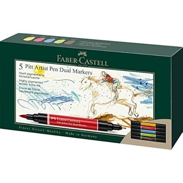 Marker - FABER-CASTELL - Pitt Artist Pen - Set of 5 - Brush and fiber tip - Permanent and opaque