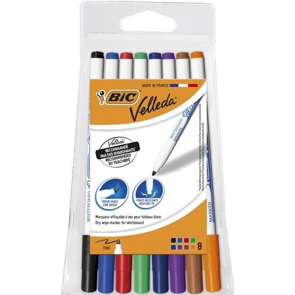BIC Velleda 1721 Dry Erase Whiteboard Markers Fine Bullet Tip - Diverse färger, påse med 8