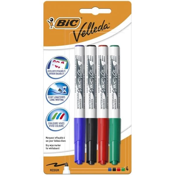 BIC Velleda 1741 Dry Erase Whiteboard-markörer, Medium Bullet Tip - Assorted Colors, Blisterpack om 4