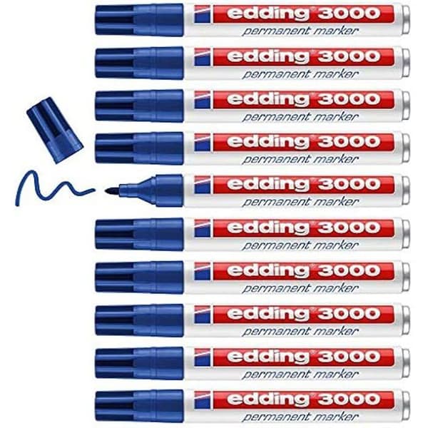 edding 3000 Permanent markör - blå - 10 pennor - rund spets 1,5-3 mm - torkar snabbt - vatten- och torkbeständig - för