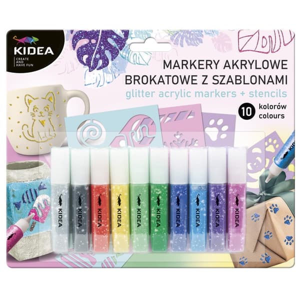 Kidea 10k glitter akrylmarkører med stencils