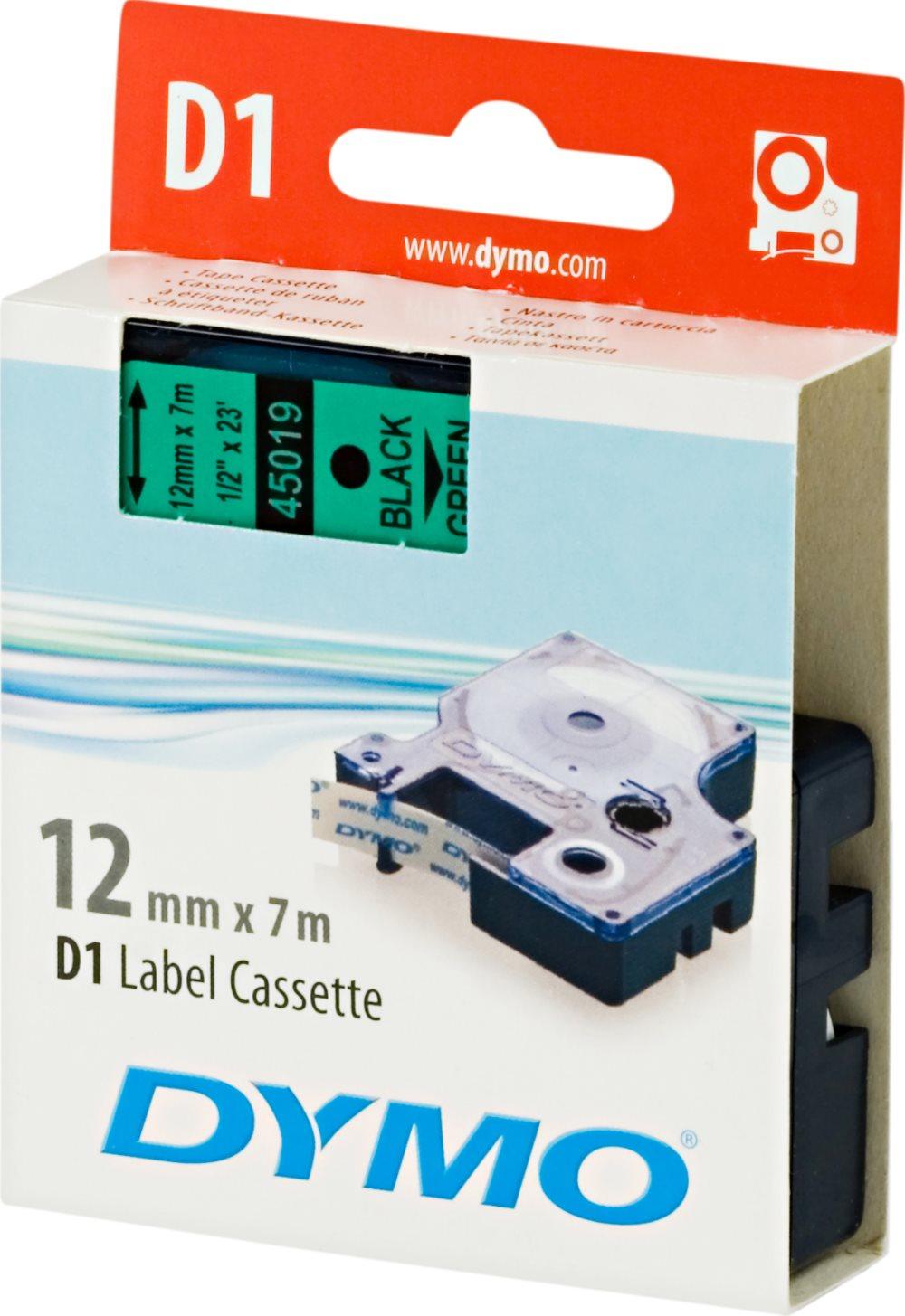 DYMO D1 märktejp standard 12mm, svart på grönt, 7m rulle (45019)