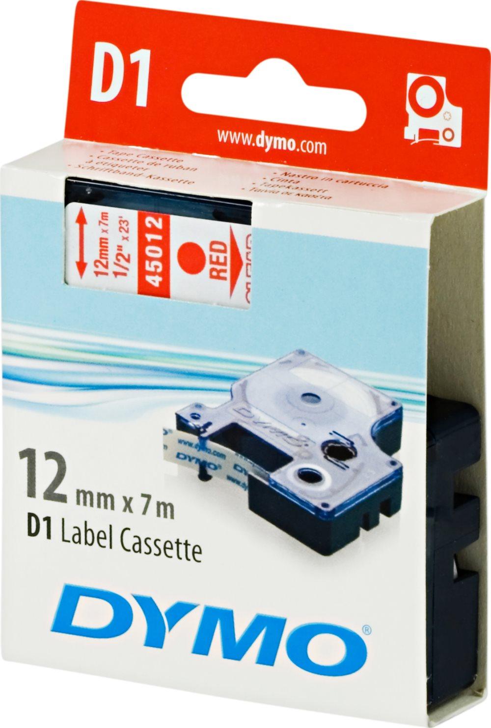 DYMO D1 märktejp standard 12mm, rött på transparent, 7m rulle (4501