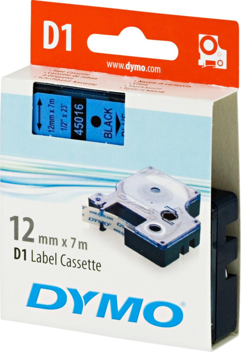 DYMO D1 märktejp standard 12mm, svart på blått, 7m rulle (45016)