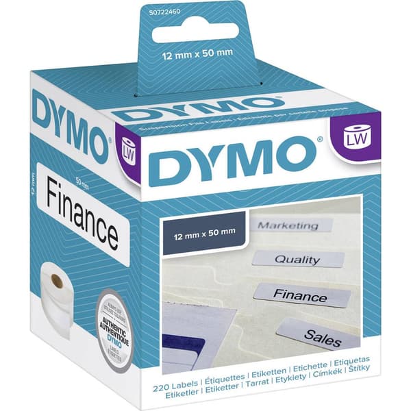 DYMO Etikettrulle 99017 S0722460 50 x 12 mm Papper Vit 220 st Permanent Etiketter för hängeregister