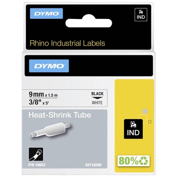 Märkband värme-krympslang DYMO IND RHINO 18053 Polyolefiner Bandfärg: Vit Skriftfärg:Svart 9 mm 1.5 m