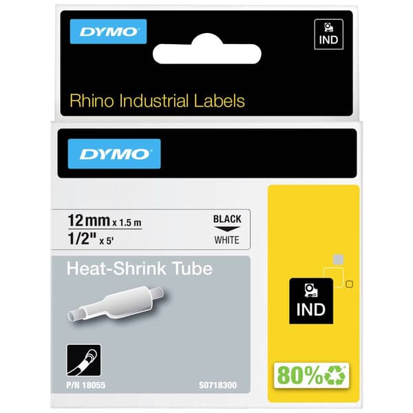 Märkband värme-krympslang DYMO IND RHINO 18055 Polyolefiner Bandfärg: Vit Skriftfärg:Svart 12 mm 1.5 m