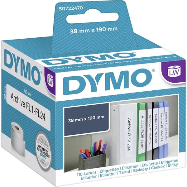 DYMO Etikettrulle 99018 S0722470 38 x 190 mm Papper Vit 110 st Permanent Mappetiketter