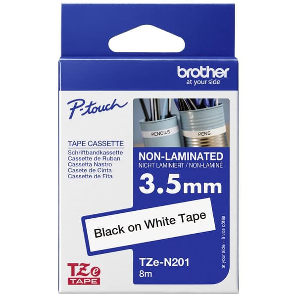 Märkband olaminerad Brother TZe, TZ TZe-N201 Bandfärg: Vit Skriftfärg:Svart 3.5 mm 8 m