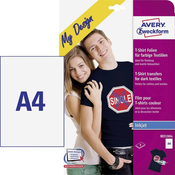 Avery-Zweckform My Design T-Shirt MD1004 Textilfolie bläckstråle DIN A4 för färgade textilier, Optimerad för bläckstrål
