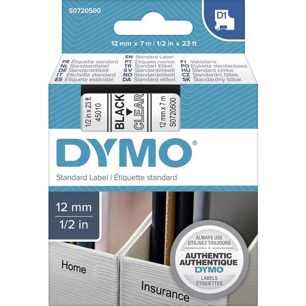 Märkband DYMO D1 45010 Bandfärg: Transparent Skriftfärg:Svart 12 mm 7 m