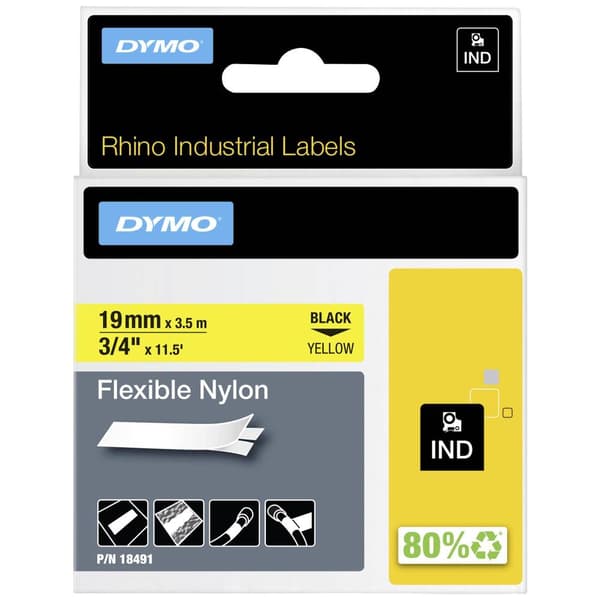 Märkband DYMO IND RHINO 18491 Bandfärg: Gul Skriftfärg:Svart 19 mm 3.5 m