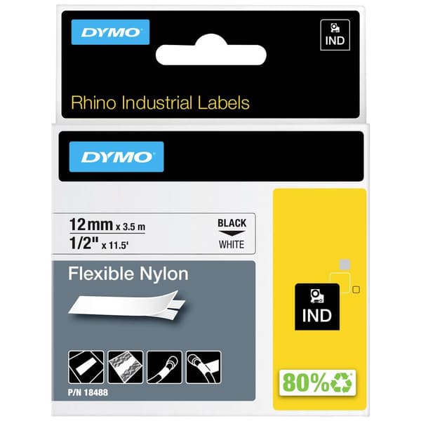 Märkband DYMO IND RHINO 18758 Bandfärg: Vit Skriftfärg:Svart 12 mm 3.5 m