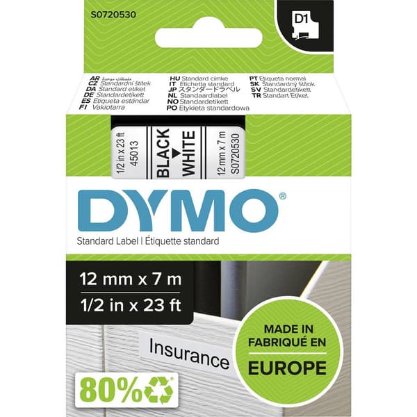 Märkband DYMO D1 45013 Bandfärg: Vit Skriftfärg:Svart 12 mm 7 m