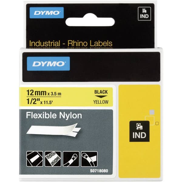 Märkband DYMO IND RHINO 18490 Bandfärg: Gul Skriftfärg:Svart 12 mm 3.5 m