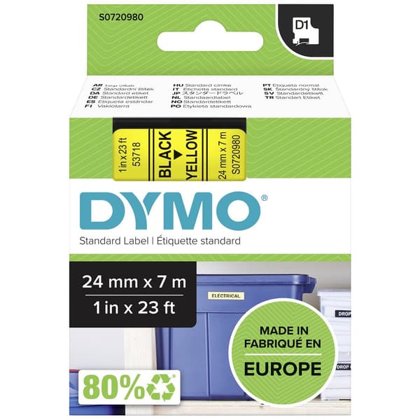 Märkband DYMO D1 53718 Bandfärg: Gul Skriftfärg:Svart 24 mm 7 m