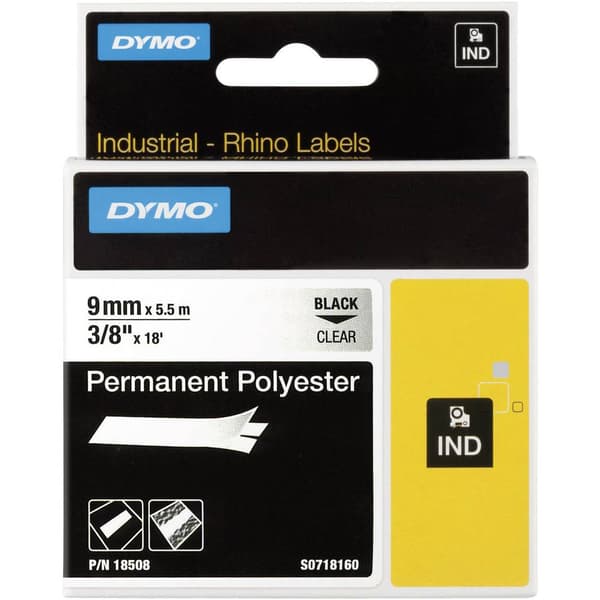 Märkband DYMO IND RHINO 18508 Polyester Bandfärg: Transparent Skriftfärg:Svart 9 mm 5.5 m
