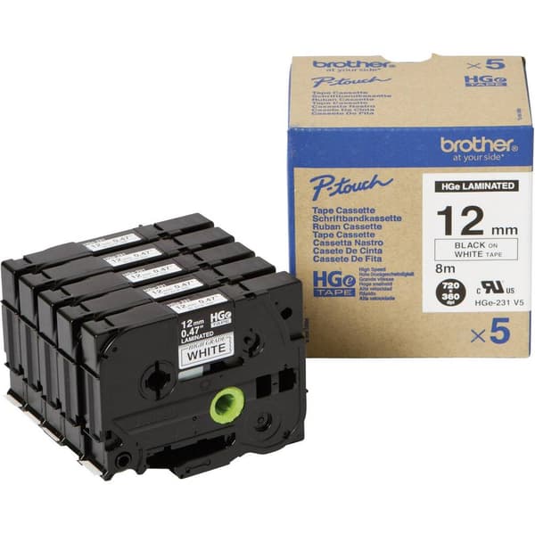 Brother HGe-231V5 Märkband Set 5 st Bandfärg: Vit Skriftfärg: Svart 12 mm 8 m