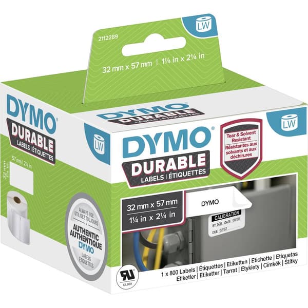 DYMO 2112289 Etikettrulle 57 x 32 mm Polypropenfilm Vit 800 st Permanent Universaletiketter, Adressetiketter