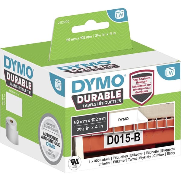 DYMO 2112290 Etikettrulle 102 x 59 mm Polypropenfilm Vit 300 st Permanent Universaletiketter, Adressetiketter