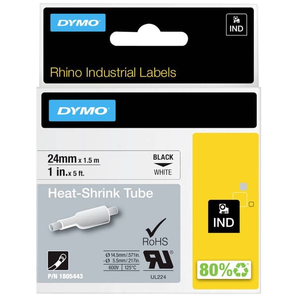 Märkband värme-krympslang DYMO IND RHINO 1805443 Polyolefiner Bandfärg: Vit Skriftfärg:Svart 24 mm 1.5 m