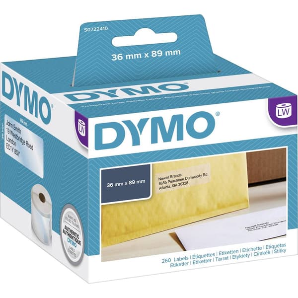 DYMO Etikettrulle 99013 S0722410 89 x 36 mm Folie Transparent 260 st Permanent Adressetiketter