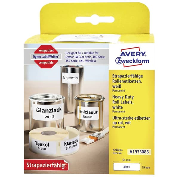 Avery-Zweckform Etikettrulle 19 x 64 mm Folie Vit 450 st Permanent A1933085 Universaletiketter
