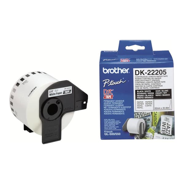 Brother DK-22205 Etikettrulle 62 mm x 30.48 m Papper Vit 1 st Permanent DK22205 Universaletiketter