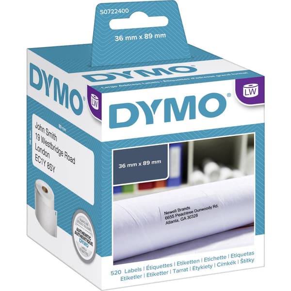 DYMO Etikettrulle 99012 S0722400 89 x 36 mm Papper Vit 520 st Permanent Fraktetiketter