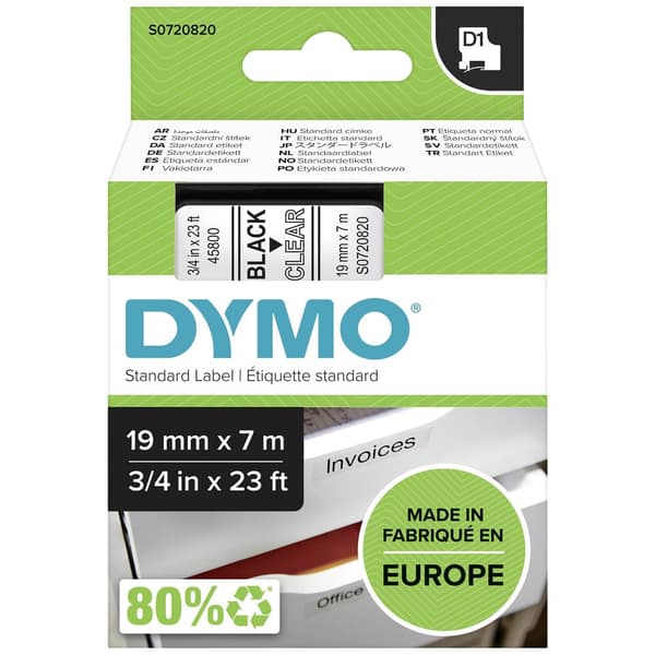 Märkband DYMO D1 45800 Bandfärg: Transparent Skriftfärg:Svart 19 mm 7 m